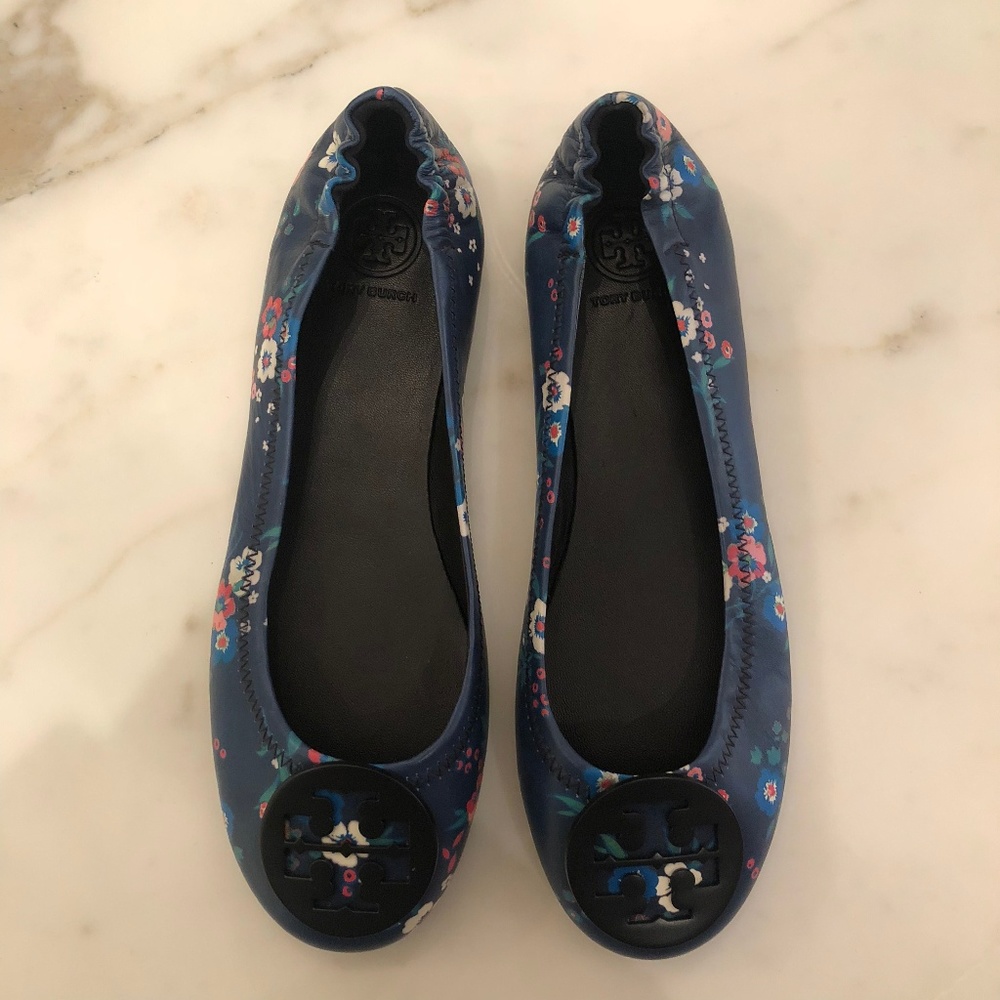 Tory Burch Minnie Floral Leather Travel Flats 6.5